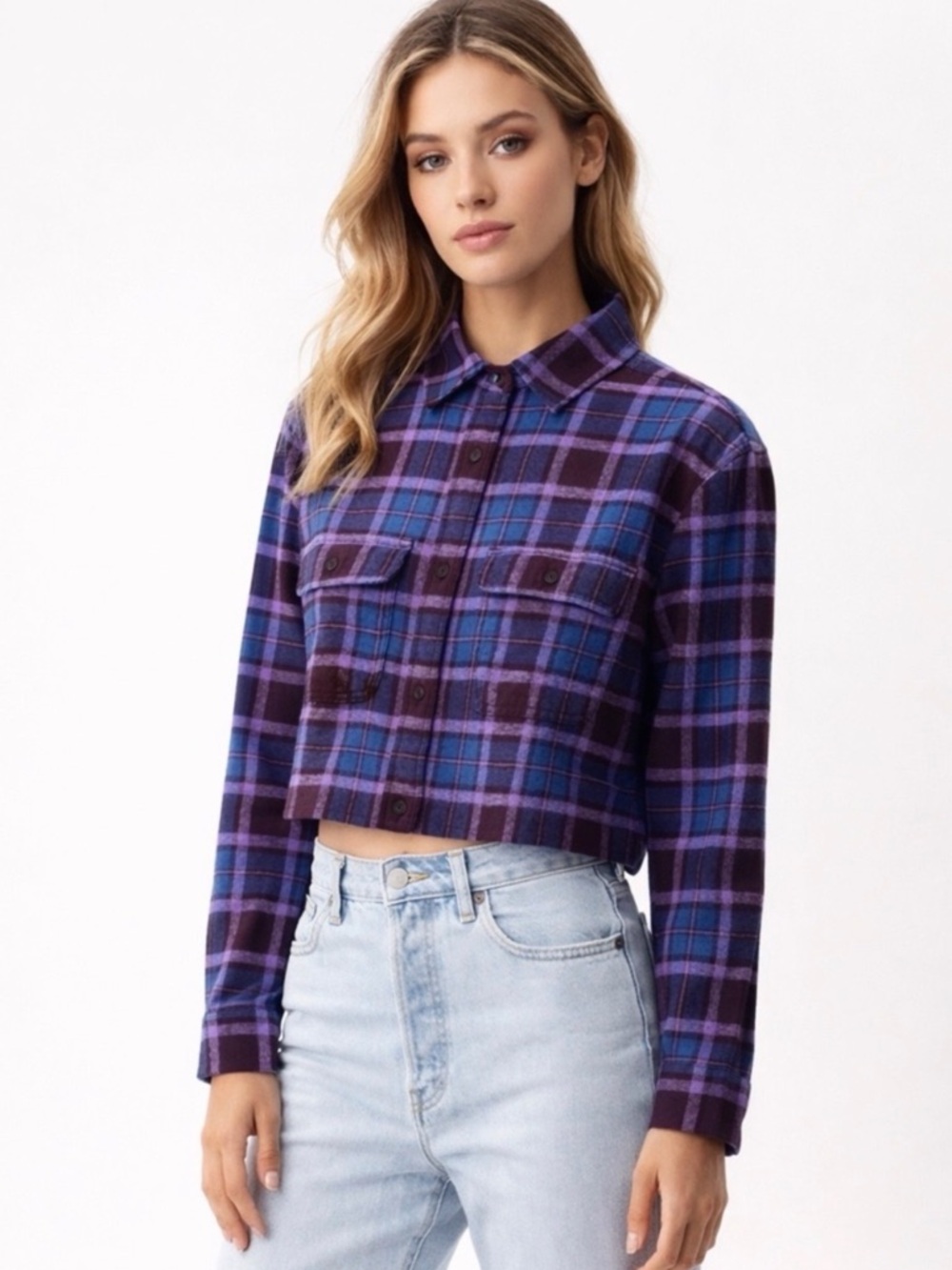 OBEY Camille Cropped Flannel Shirt Purple Blue Plaid Size S